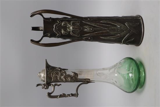 An Art Nouveau pewter mounted etched glass claret jug and a vase, tallest 36cm